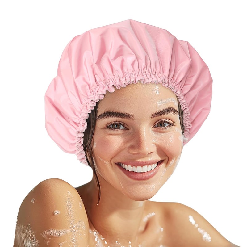 CHFONG Shower Cap for Women, Double Layer Waterproof Bath Cap, Reusable Hair Protector, Large Waterproof Shower Bonnet Washable Elastic Band Bath Hair Hat for Long Hair, Braids， - Pink - Image 1